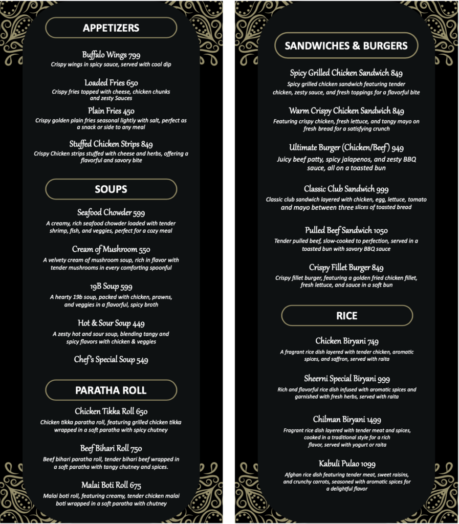 Sheerni Sweets and Restaurant Menu