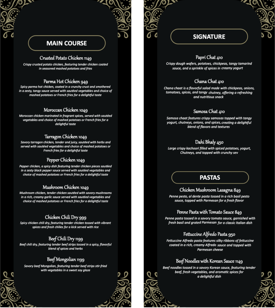 Sheerni Sweets and Restaurant Menu