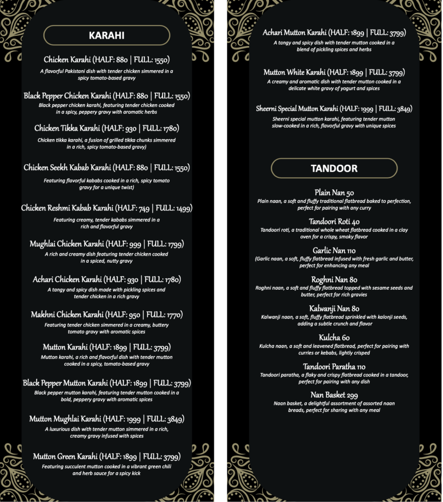 Sheerni Sweets and Restaurant Menu