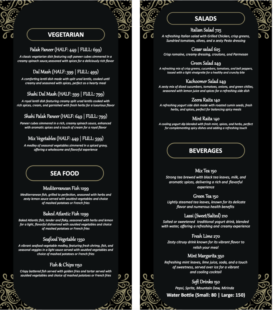 Sheerni Sweets and Restaurant Menu