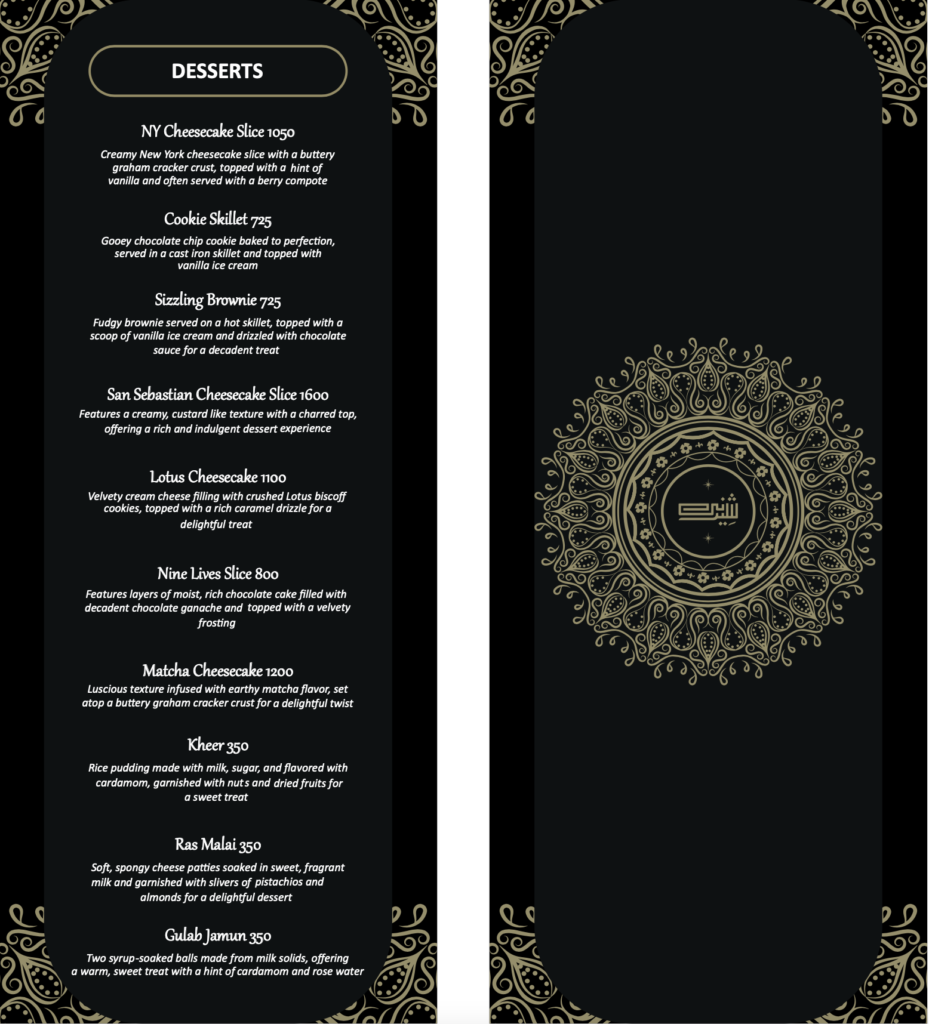 Sheerni Sweets and Restaurant Menu